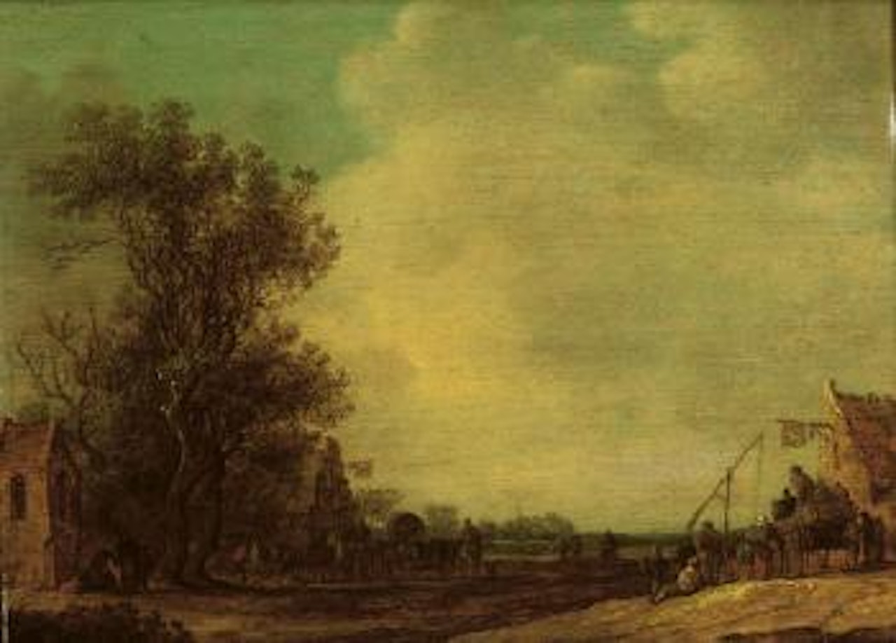 Wooded landscape with travellers outside an inn by Jan van Goyen