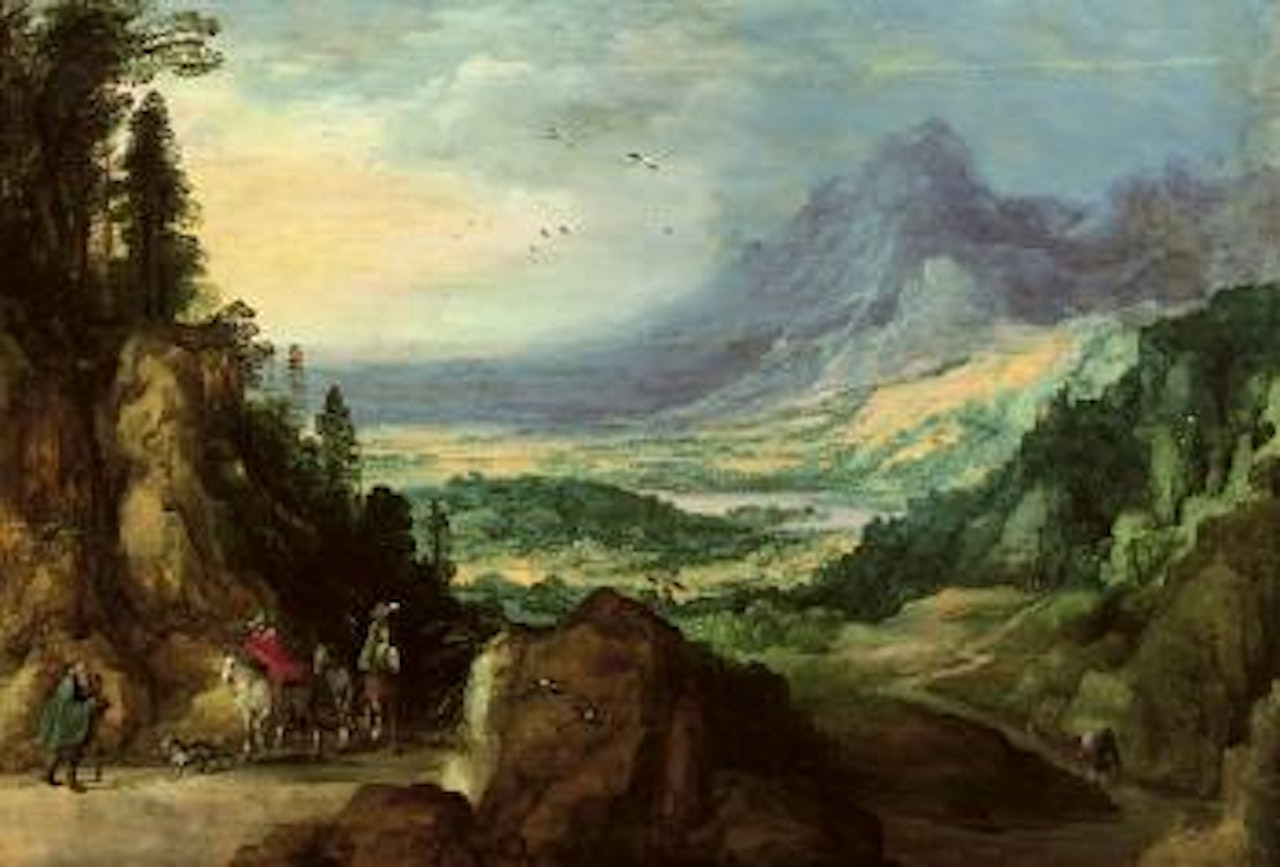 Mountainous landscape with horsemen meeting a beggar on a path, a lakeL16 in the distance by Joos de Momper the Younger