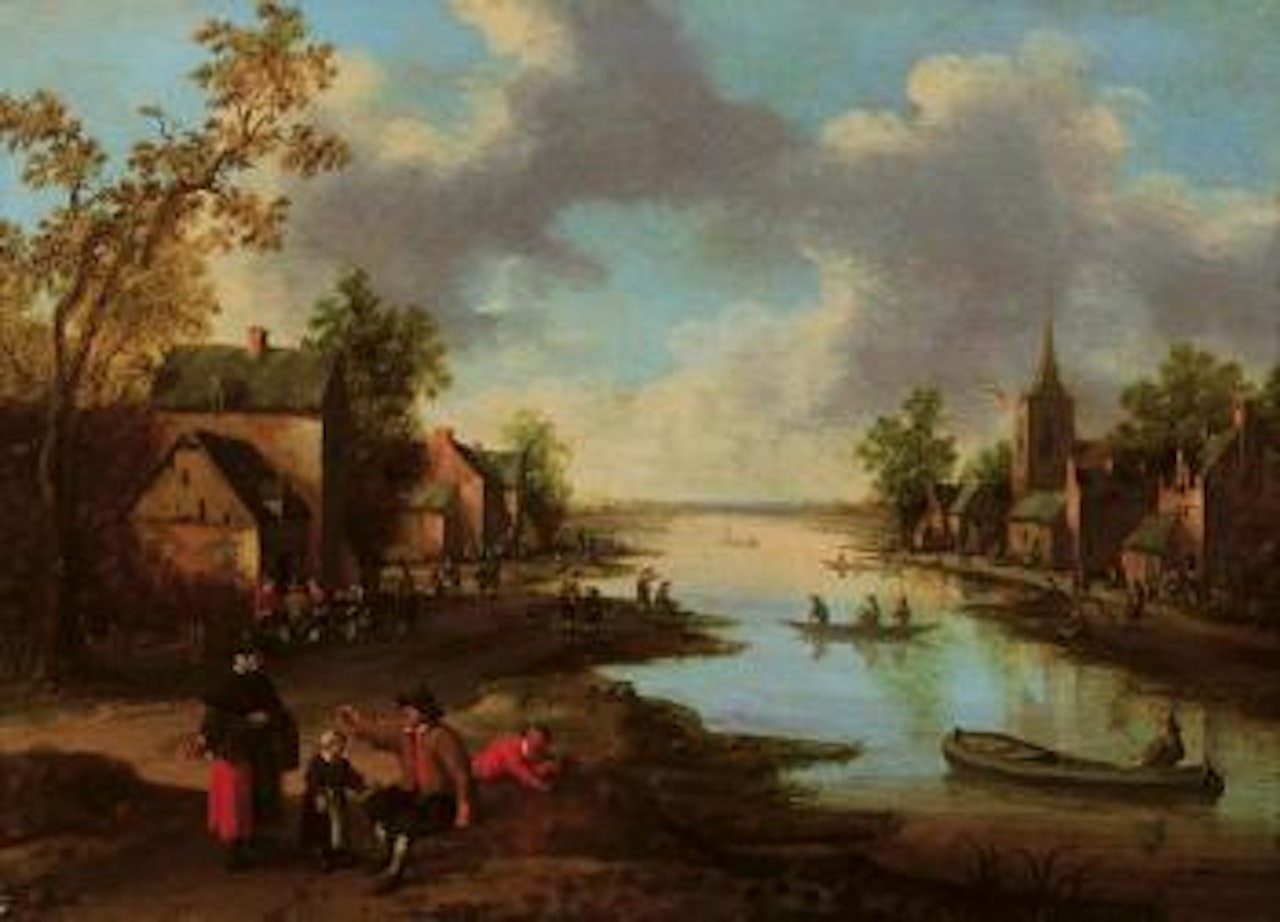 River landscape with figures outside inn and fishermen in boats, a famL28ily conversing in foreground by Joost Cornelisz Droochsloot