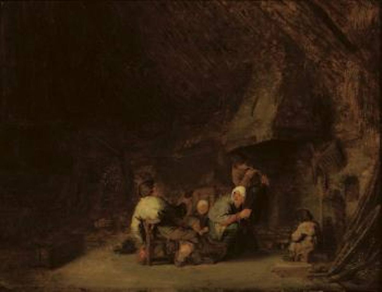 Peasant family by a fireplace in a barn by Adriaen van Ostade