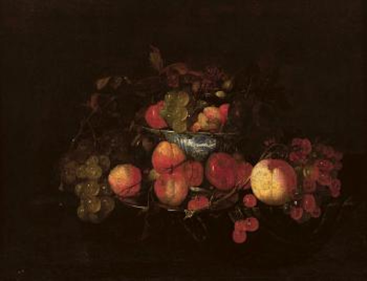 Silver plate with peaches and cherries, a 'Wan-li kraak' porcelain bowL27l with other fruit on ledge by Cornelis de Heem