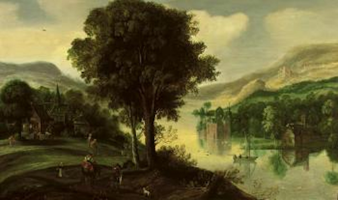 Wooded river landscape with peasants on a track and hunters in a boat,L28 a village and castle beyond by Joos de Momper the Younger