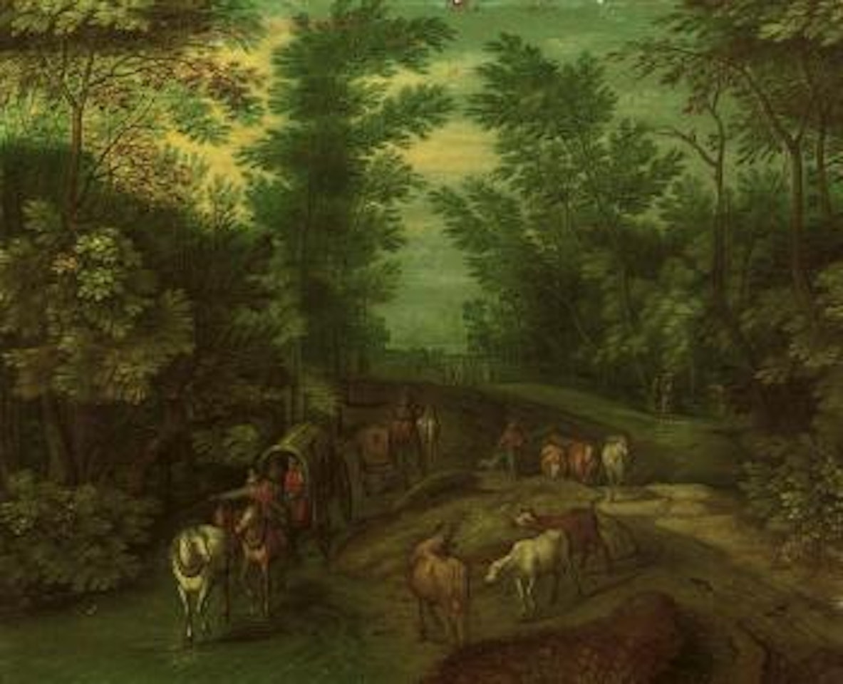 Wooded landscape with travellers in a horse-drawn carriage and a cowheL29rd with his cattle on a track by Jan Brueghel the Younger