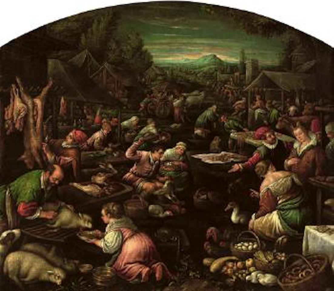 Country market with Diogenes looking for an honest man by Leandro Bassano