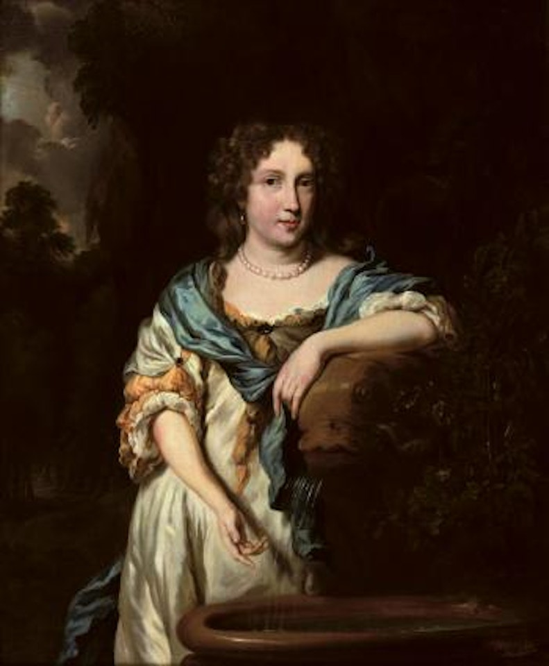 Portrait of an elegant lady, three-quarter-length, in a white satin drL17ess by a fountain by Nicolaes Maes
