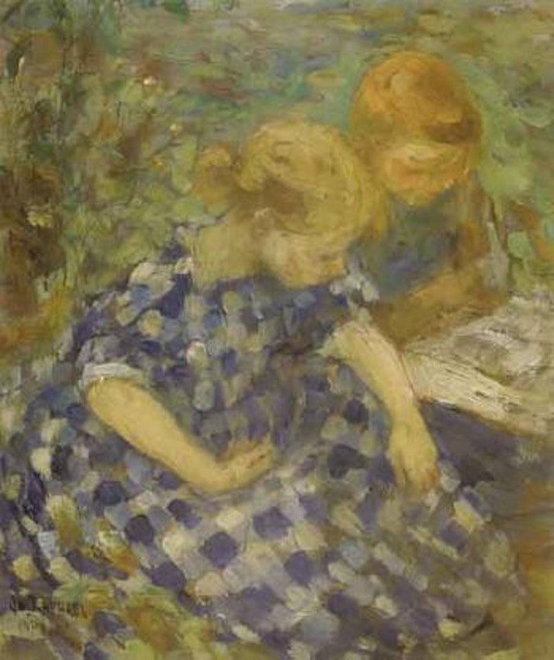 Two children reading by Joseph Raphael