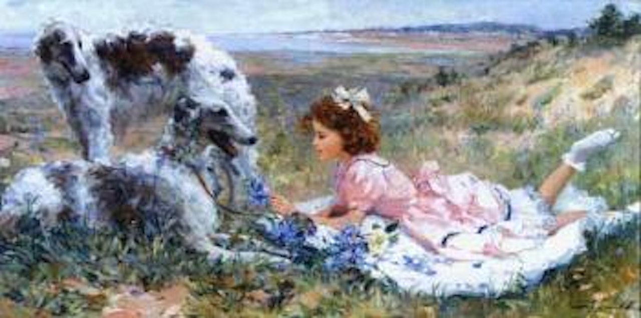 Young girl with two Borzois on a hillside by Constantin Razoumov