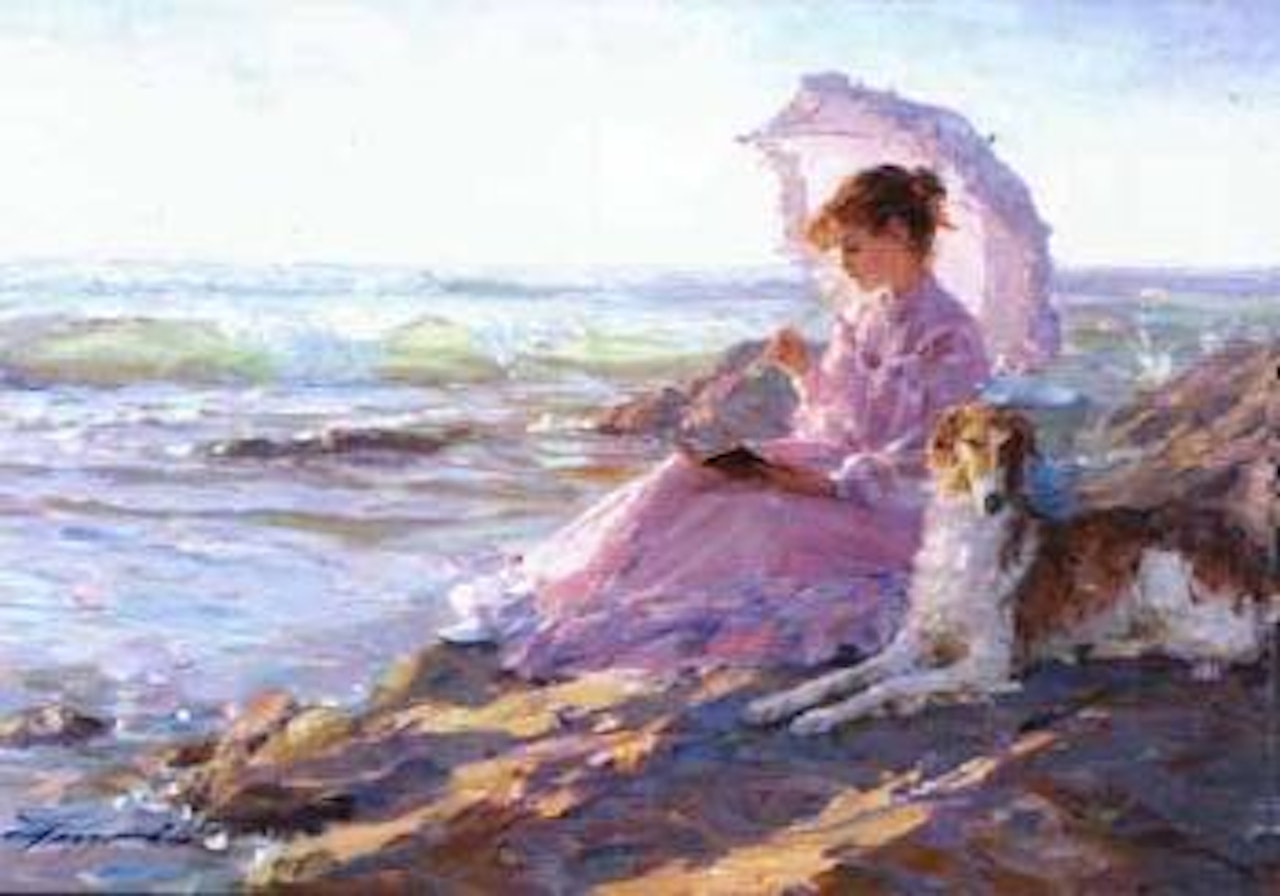 Young girl with Borzois by the sea by Constantin Razoumov