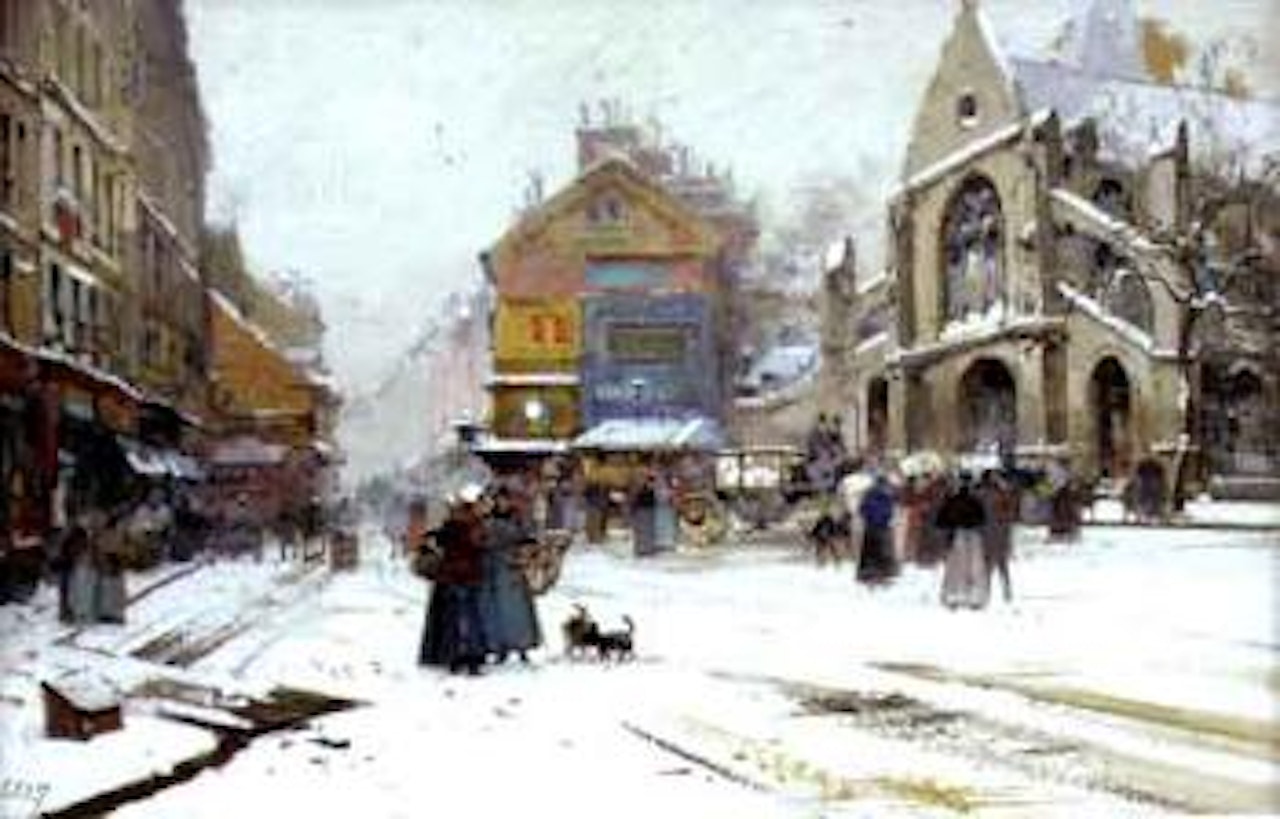 Animation autour de l'eglise Saint Medard en hiver by Eugene Galien-Laloue