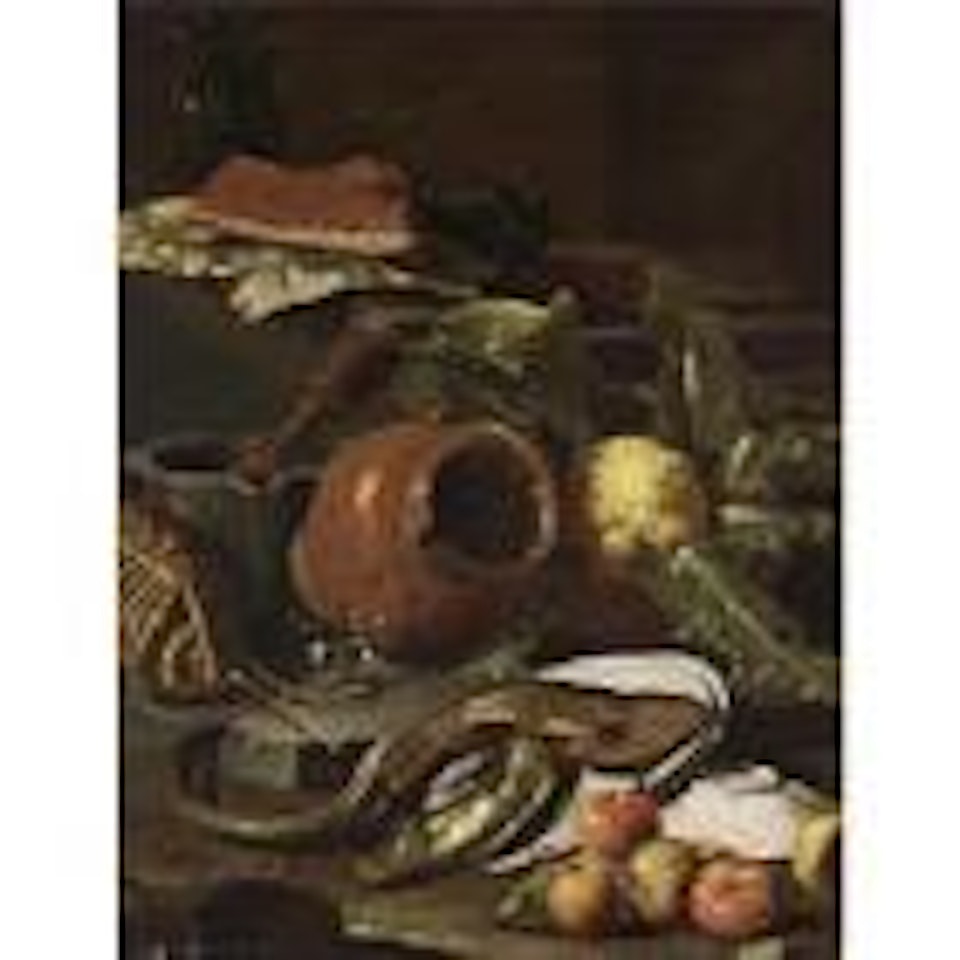 Still life with fish, jug and meat on table by Cristoforo Munari