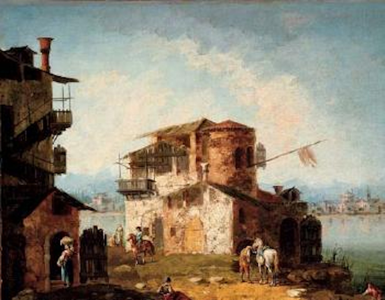 Capriccio with rustic houses and figures on horseback by Michele Marieschi