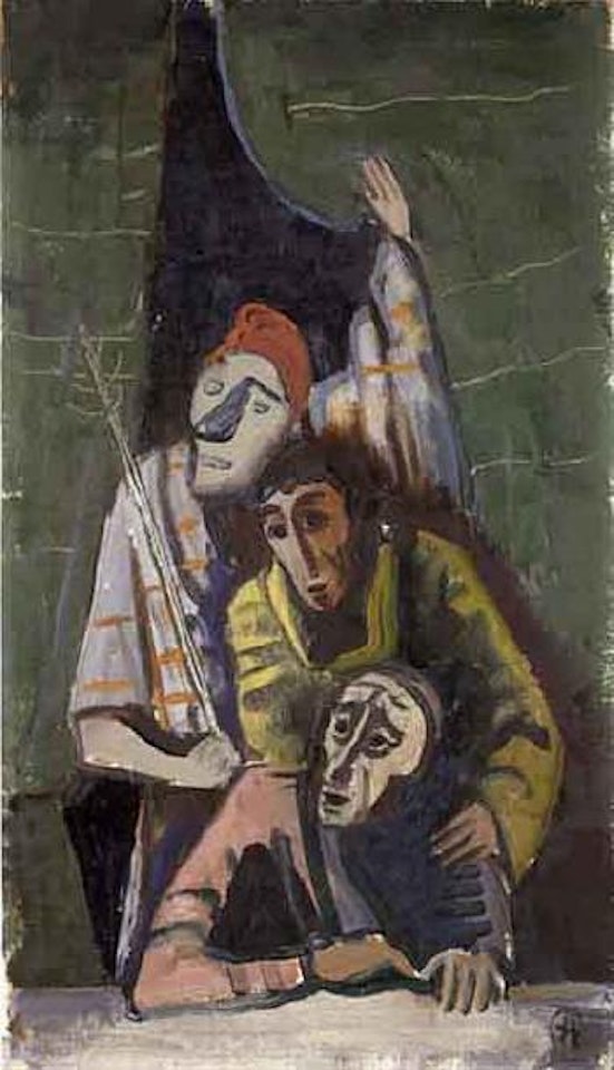 Three clowns at the curtain by Karl Hofer
