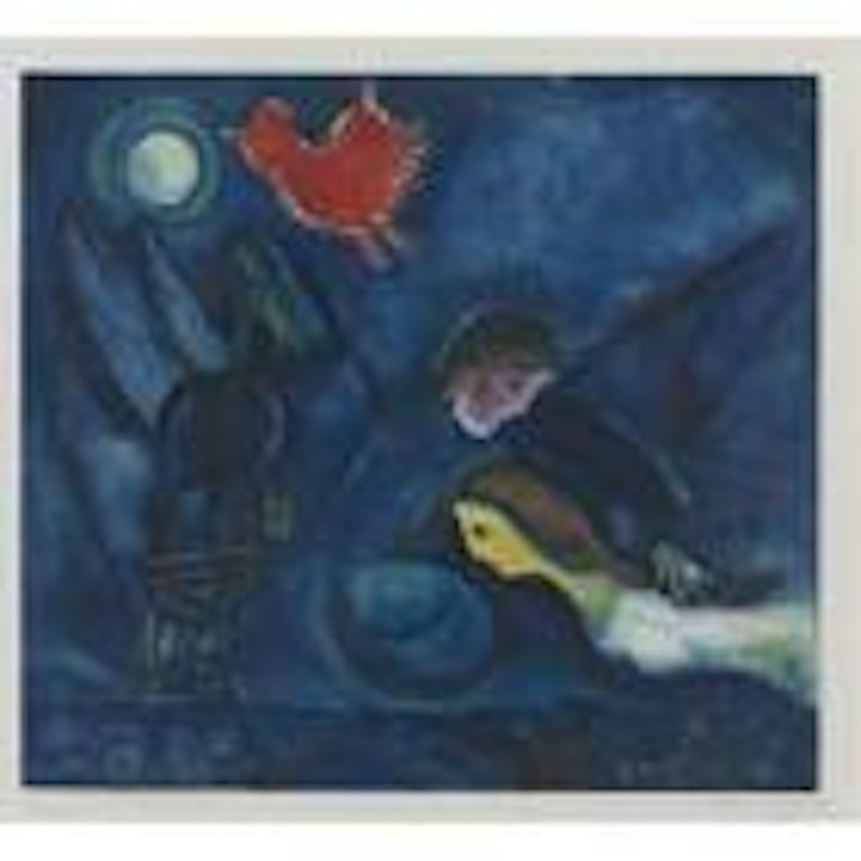 Amoureux volant et coq rouge by Marc Chagall