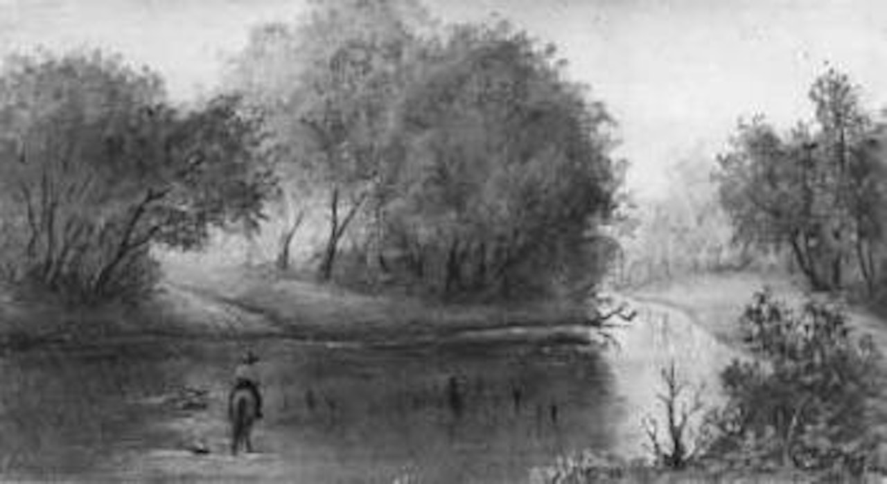 Cowboy on horseback crossing a river by Charles M Russell