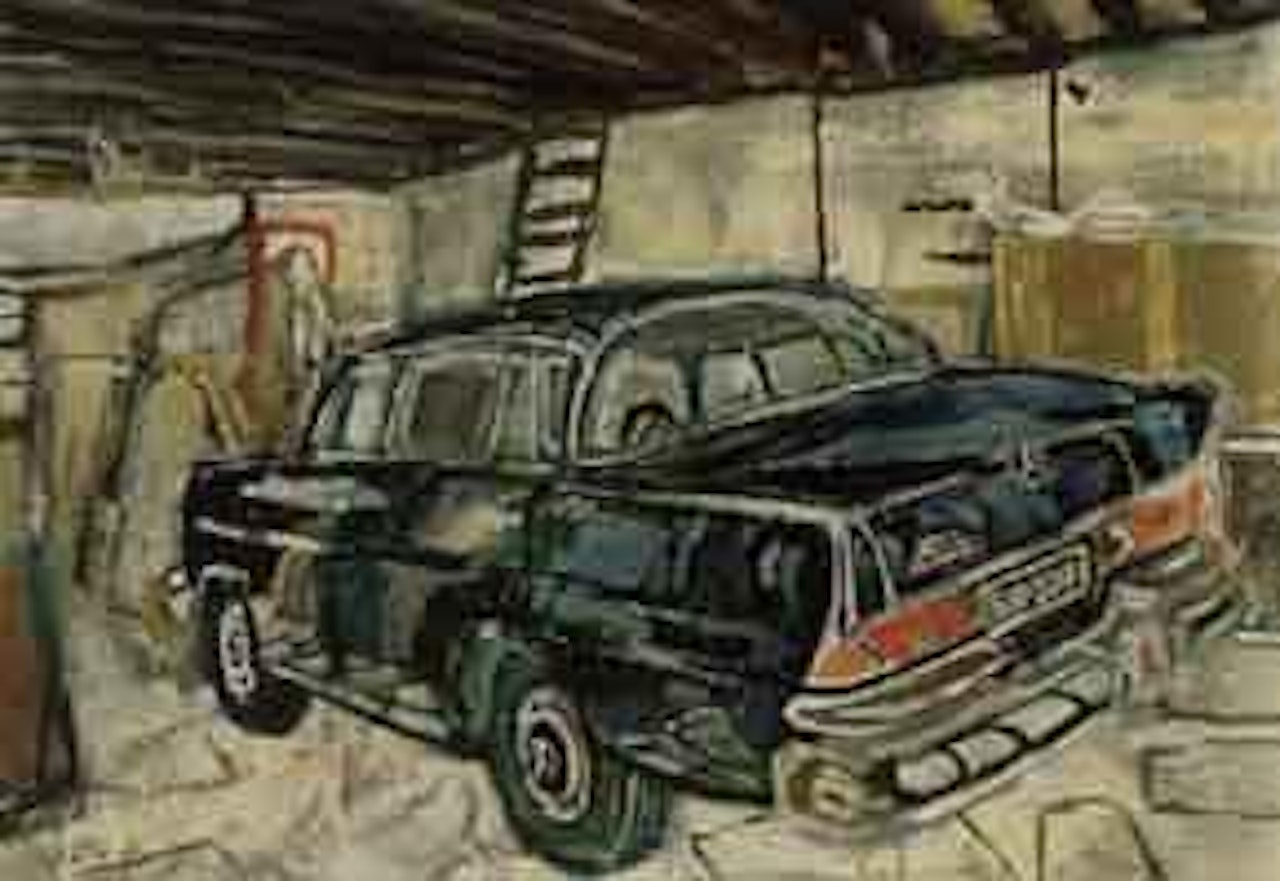 Blue Mercedes in a garage by John Bratby