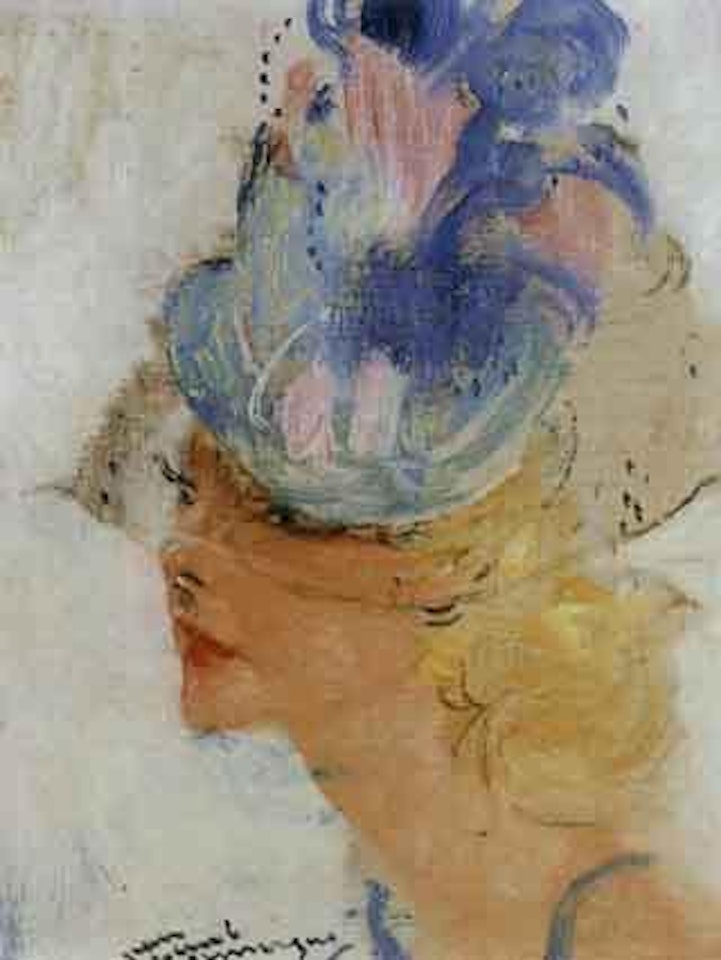 Elegante au bibi bleu by Jean Gabriel Domergue
