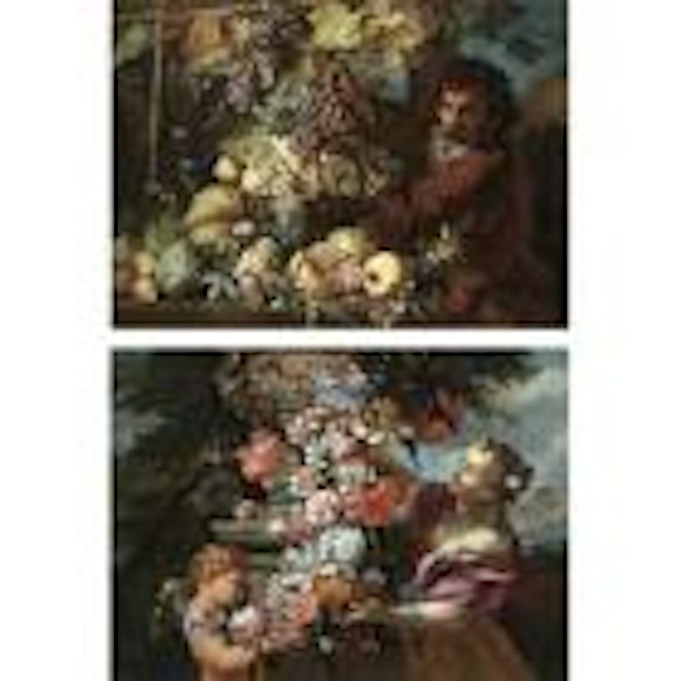 A still life of pomegranates, melons, pears, plums and morning glory, with a gardener picking grapes from a vine (Autumn) by Abraham Brueghel
