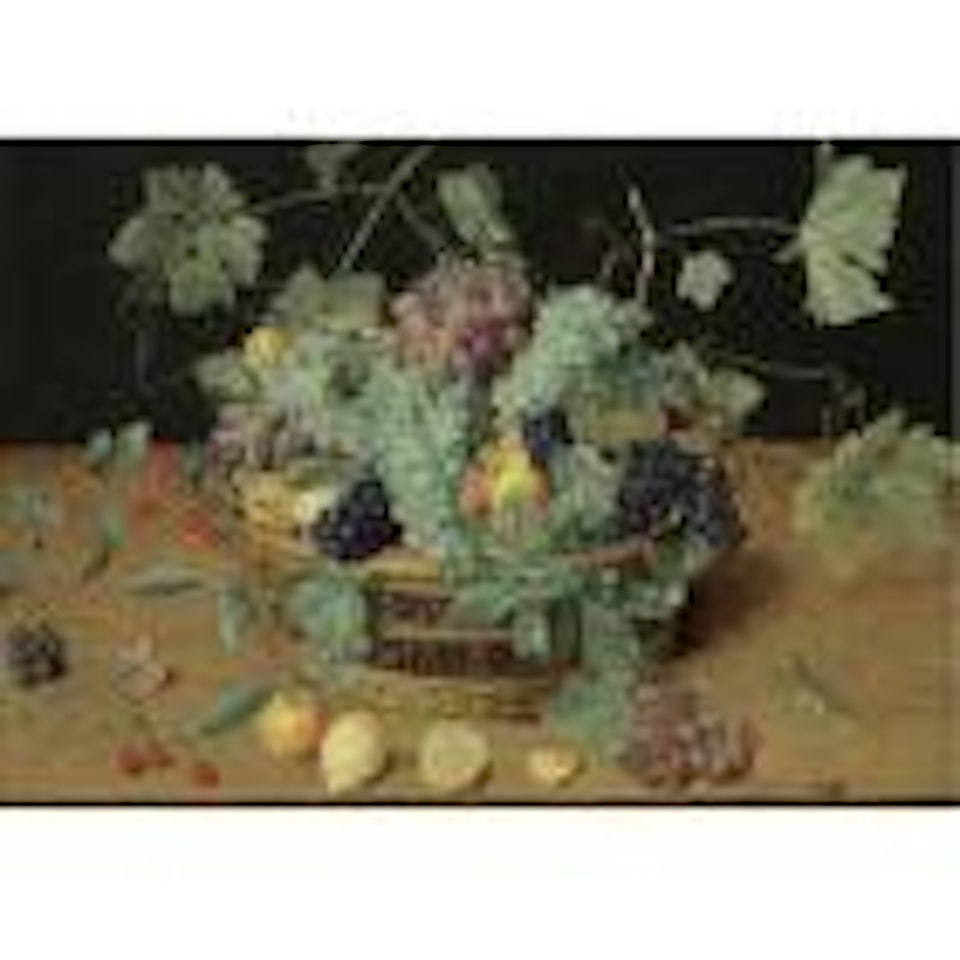 A still life with fruit in a basket, including bunches of grapes and lemons, cherries and oranges on the wooden table beneath by Isaak Soreau