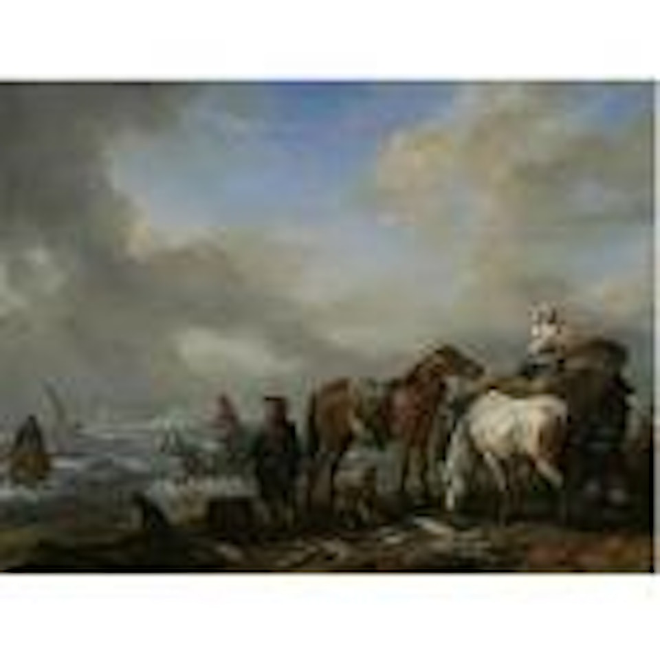 Fishermen on beach with their catch by Philips Wouwerman