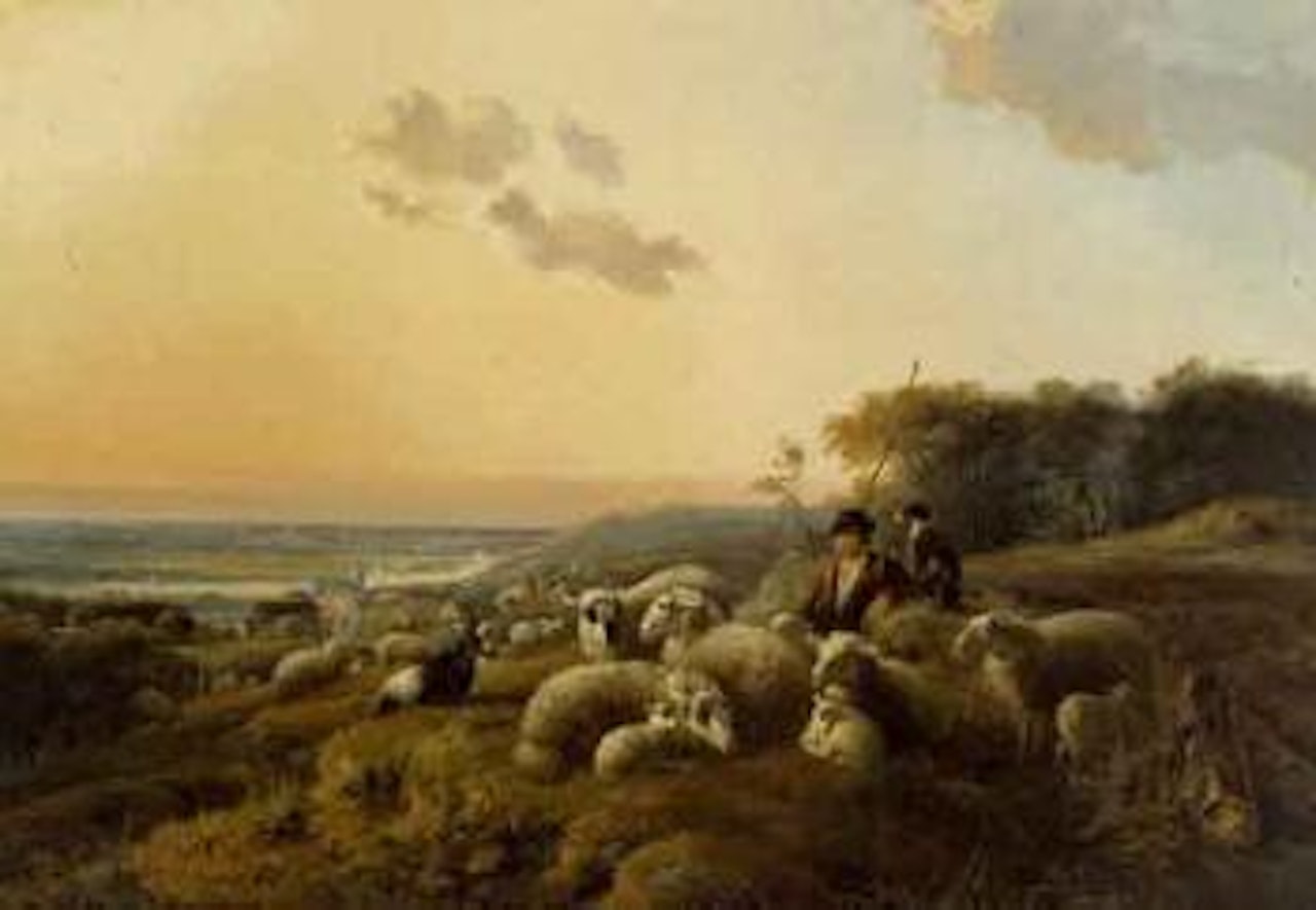 Shepherd with his flock in an extensive landscape by August Knip