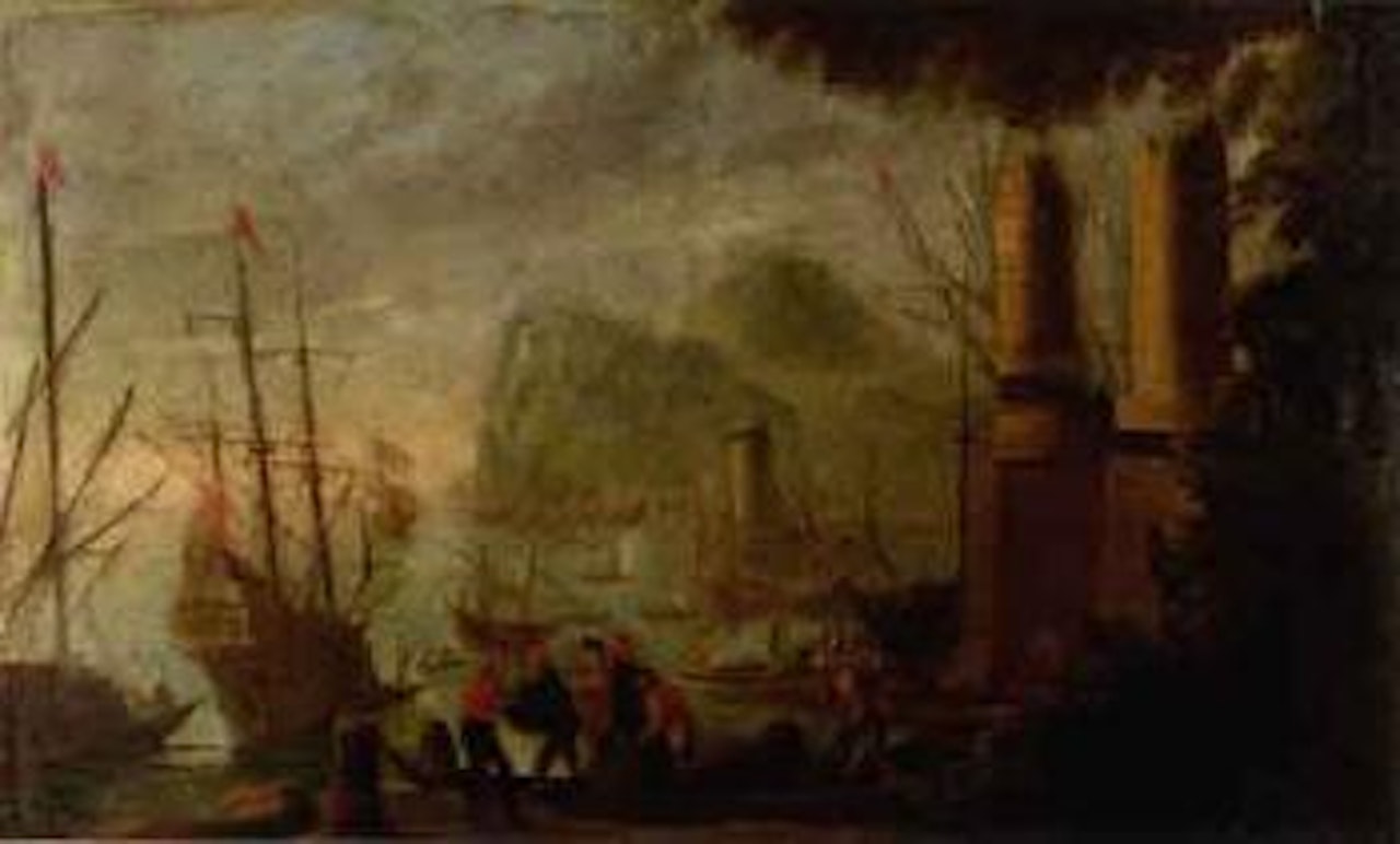 Marine avec des navires Hollandais dans un port Mediterraneen by Pieter van de Velde