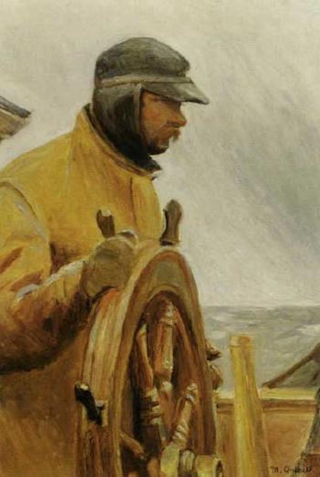 Conrad the fisherman at the wheel by Michael Ancher