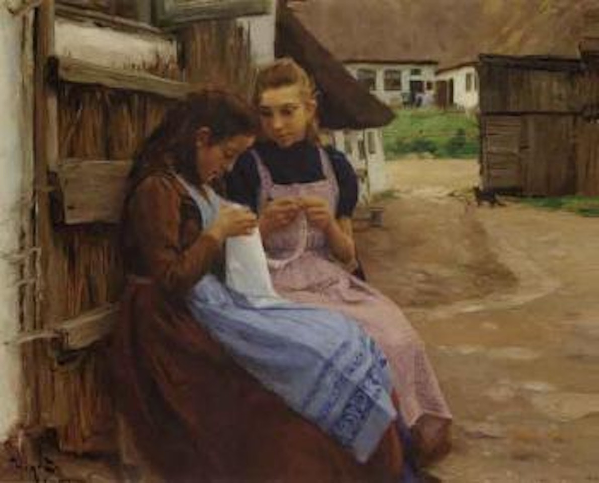 Two girls with needlework seated in farmyard by Hans Andersen Brendekilde