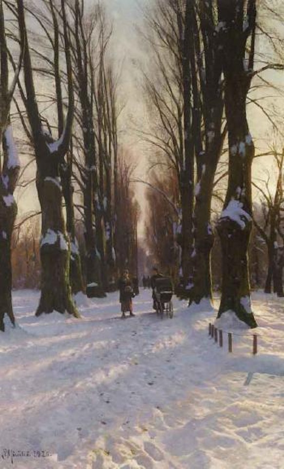 Winter in Rosenborg Garden with two women and a pram by Peder Mork Monsted