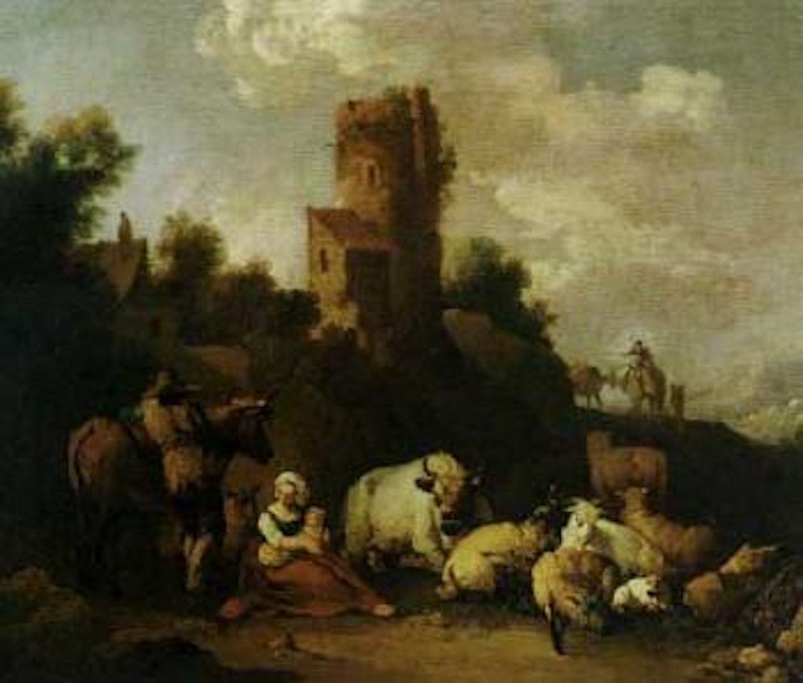 Herder family resting with cattle, ruin in background by Nicolaes Pietersz Berchem