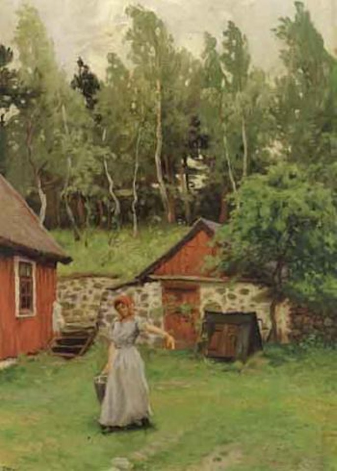 Farmyard at the forester's house near Baastad with young girl carrying water by Paul Fischer