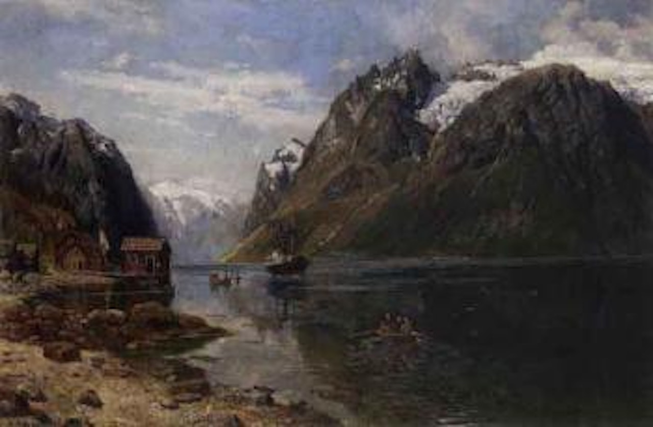 Steam ship and rowing boat in fjord landscape by Anders Monsen Askevold