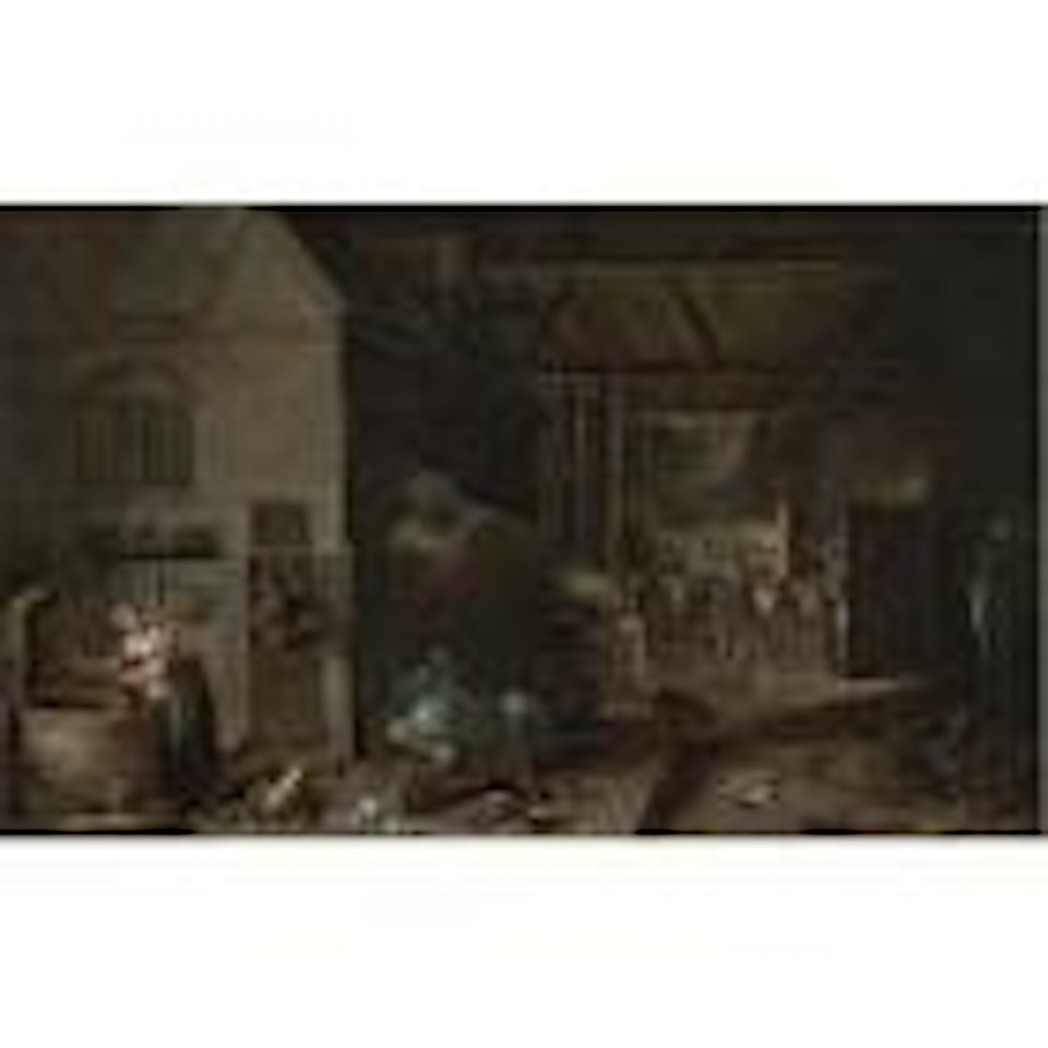 Interior of a farmhouse with figures and animals by David Teniers II