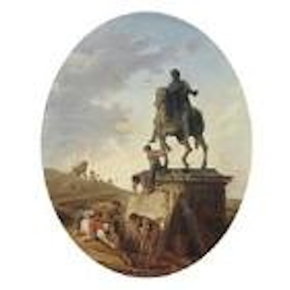 Capriccio with the statue of Marcus Aurelius and tomb raiders at work by Hubert Robert