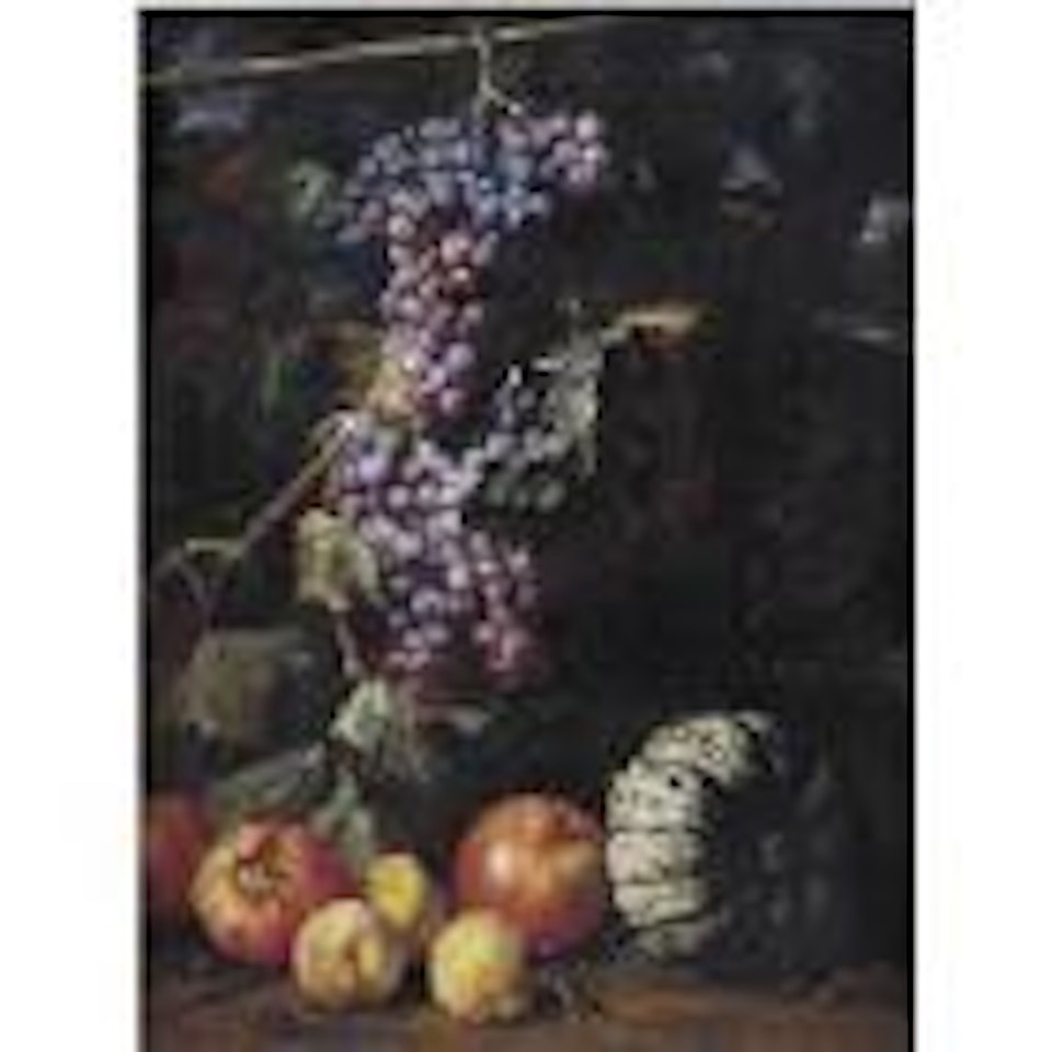 Still life of a bunch of grapes hanging from a twig, pomegranates, peaL23ches all in a landscape by Abraham Brueghel