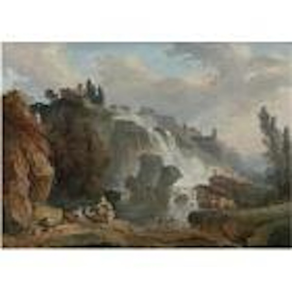 Cascades at Tivoli with the Temple of Vesta, some figures in the foreground by Hubert Robert