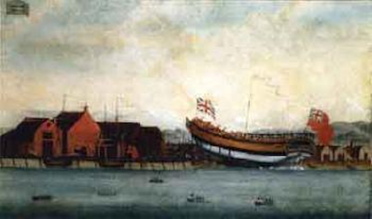 Launching of the Abeona at Poole with figures on the quay and other inL13 rowing boats by English School