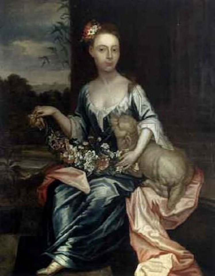 Portrait of a lady holding a garland of flowers and a lamb by English School