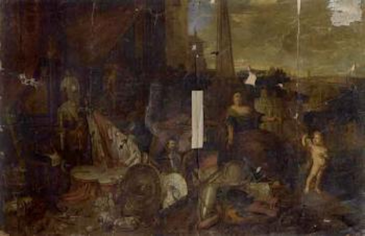 Palace interior with flags, shields and other militaria by Jan Van Kessel The Elder