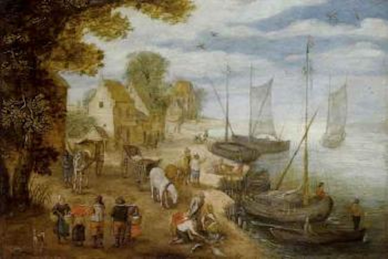 Riverside village with fishermen and their catch and figures loading barges by Jan Brueghel the Younger