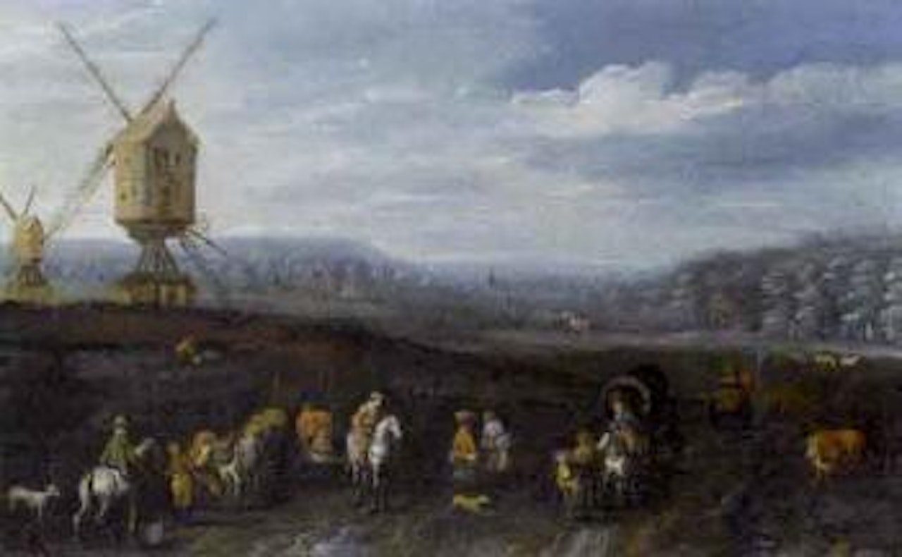 Wooded landscape with travellers on horseback on a country path, windmL16ills in distance by Jan Brueghel the Younger