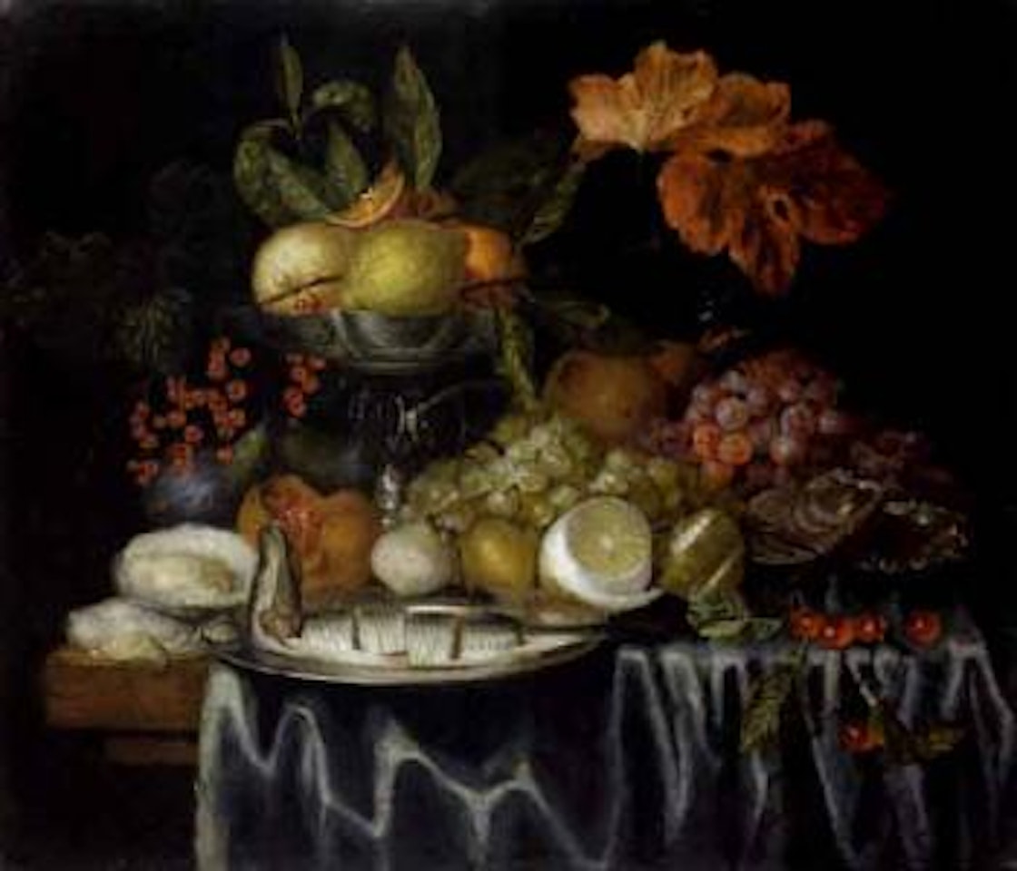 Still life of oysters, silver tazza with oranges, fish other fruits onL15 a draped table by Jan Pauwel Gillemans