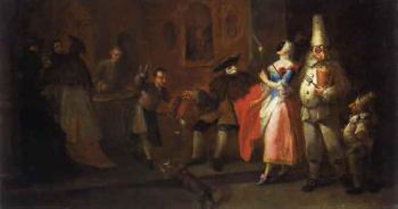 Figures of the commedia dell'art in a Venetian coffee house by Pietro Longhi