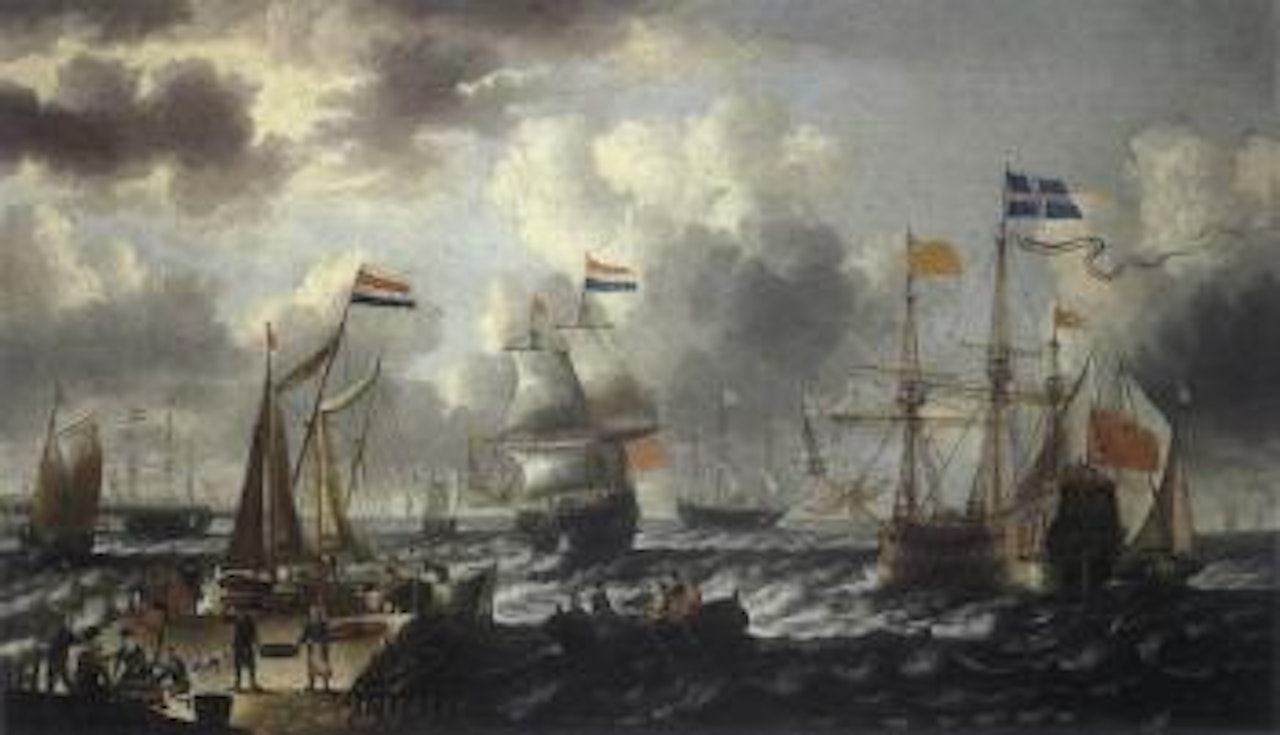 Anchoring Netherlandish men-o-war, sailing boats off a port by Pieter van de Velde