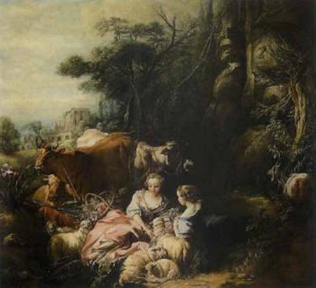 Young women in a grotto making floral garlands surrounded by animals by French School