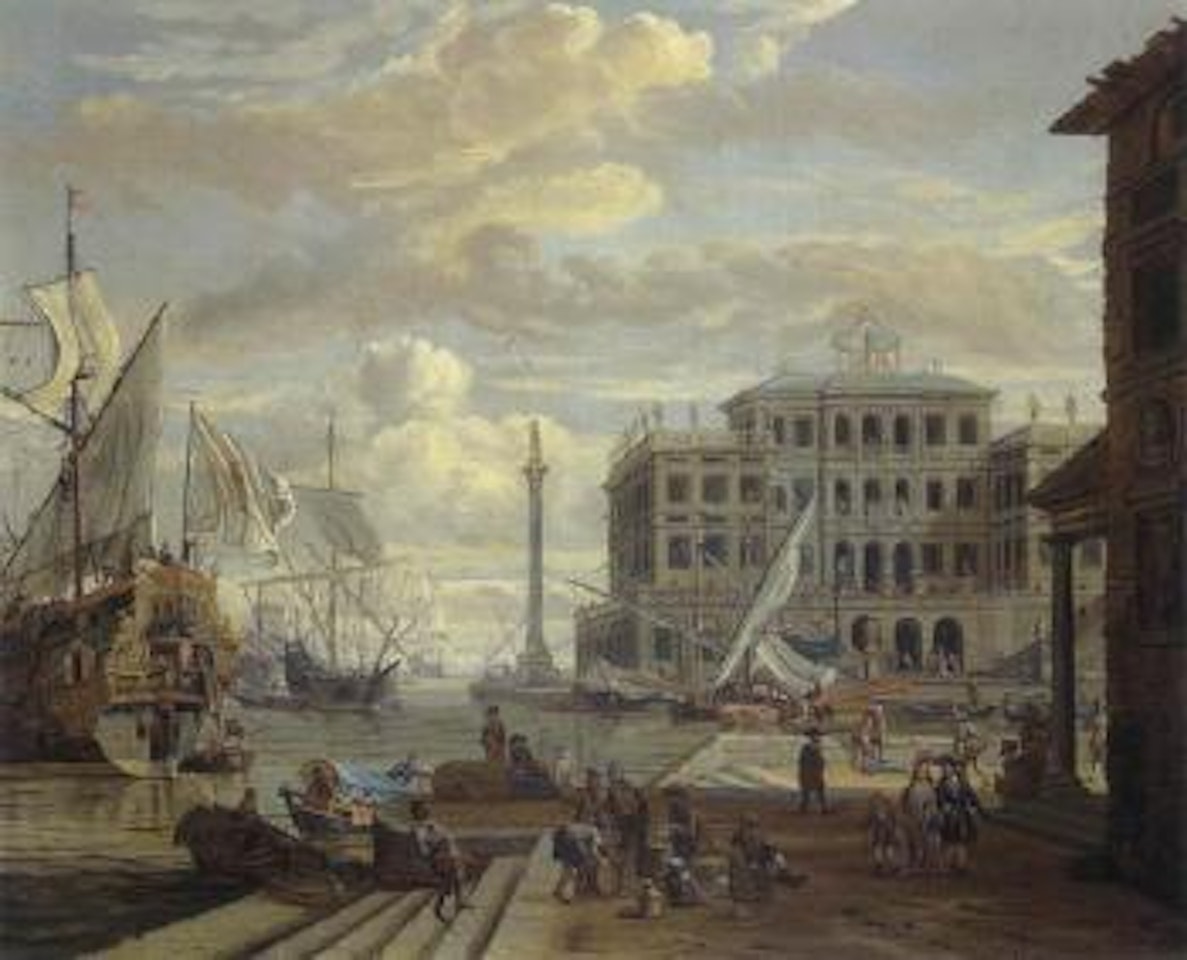Southern port with anchoring three masters, a galley and figures by Abraham Storck