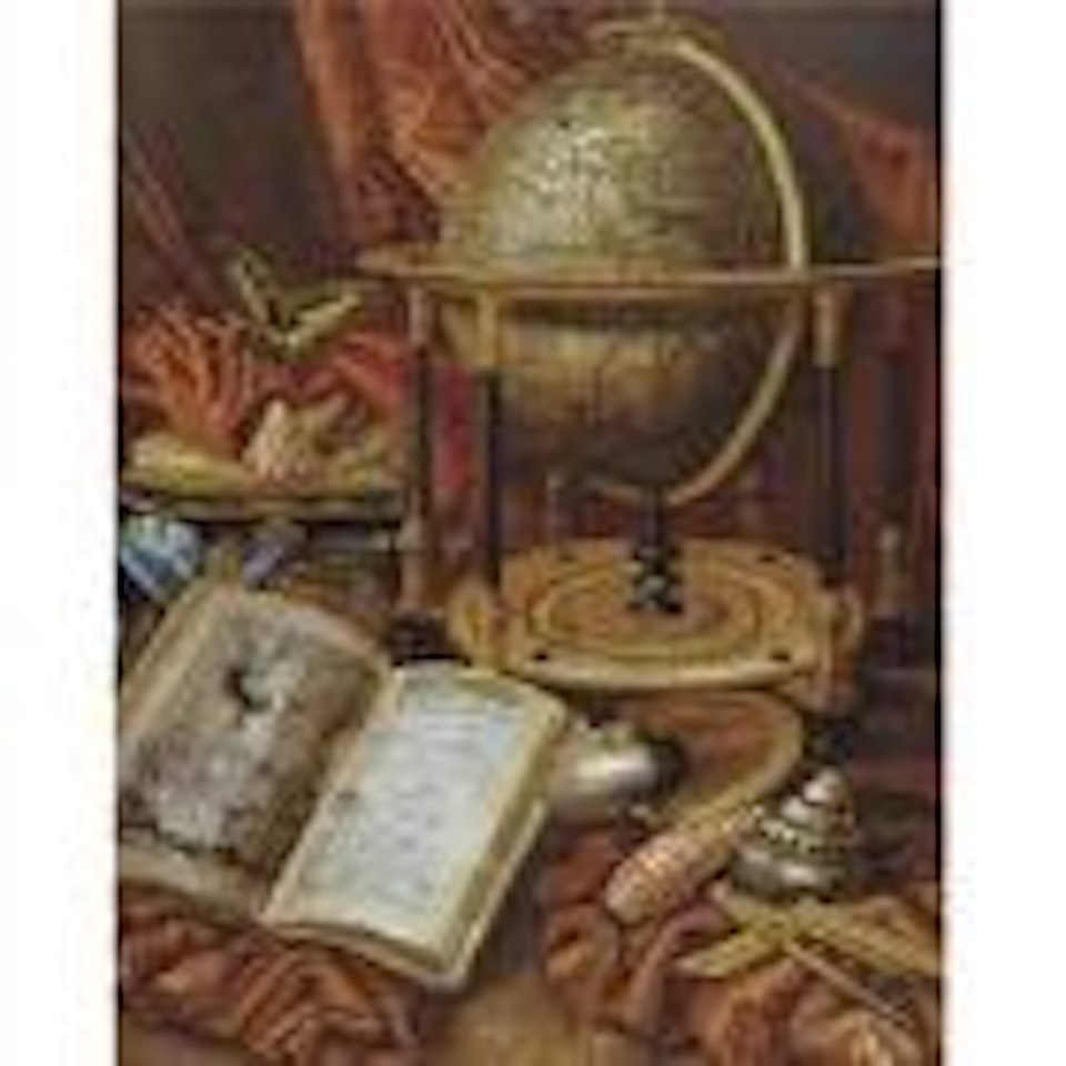 Still life with a globe, books, shells and coral resting on a stone ledge by Simon Renard de Saint-Andre