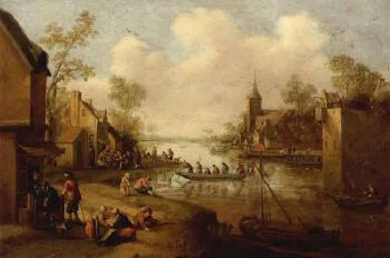 Activity on the river by a village by Cornelis Droochsloot