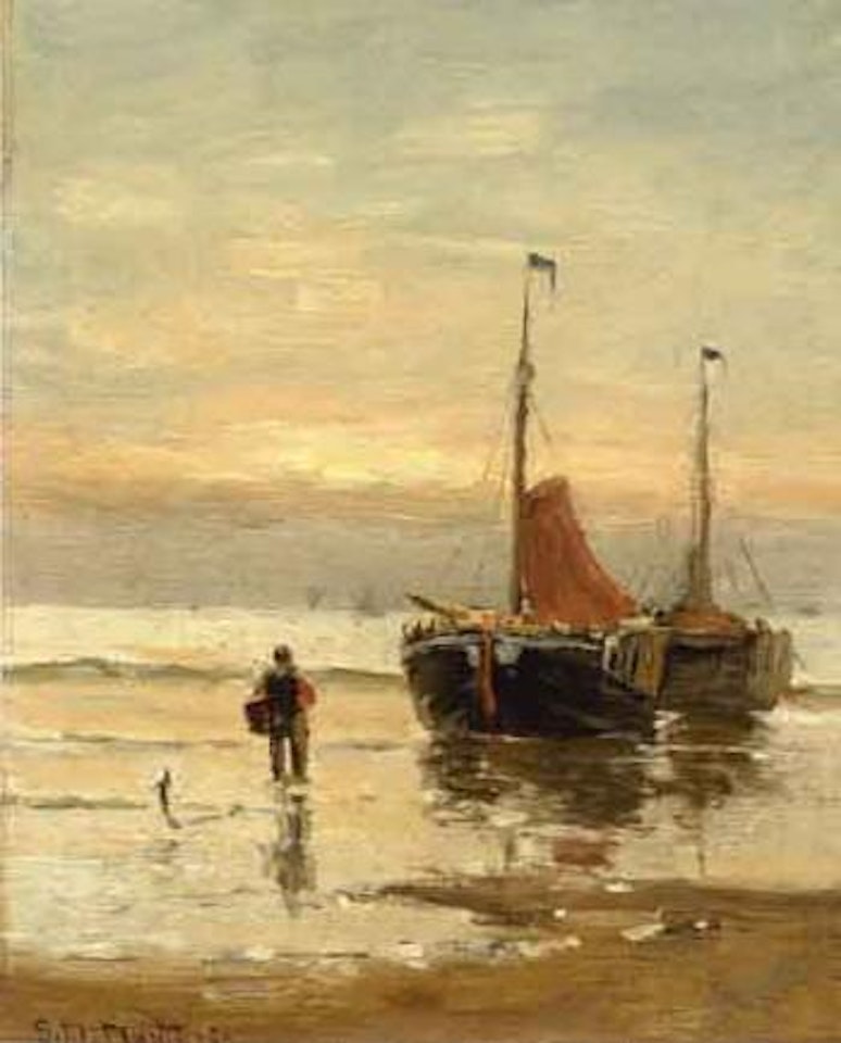 Fisherman near two wooden boats on the beach by Gerhard Arij Ludwig Morgenstjerne Munthe