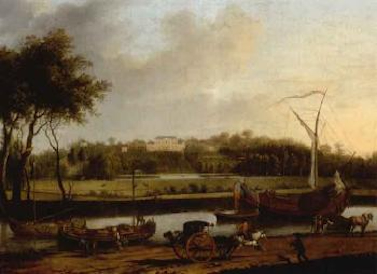 View of activity along a canal, country manor in background by Abraham Storck
