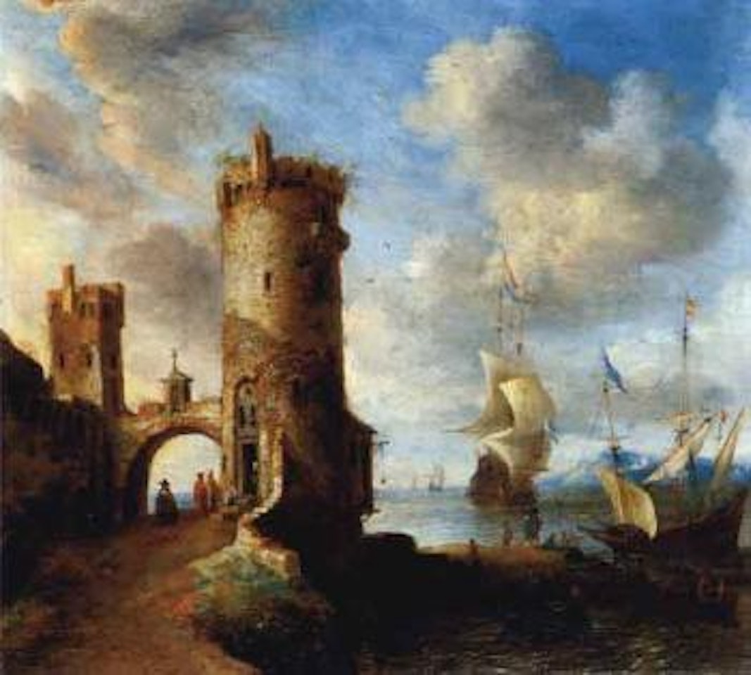 Capriccio of a Levant Harbour with an old watch tower by Jan Abrahamsz. Beerstraten
